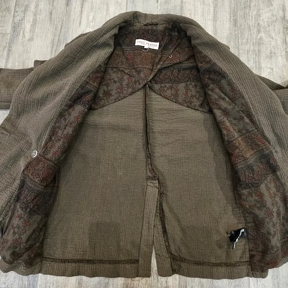 Free People Rowan Crinkled Cotton Blazer Womens S Deep Army Green Boho Chic Soft